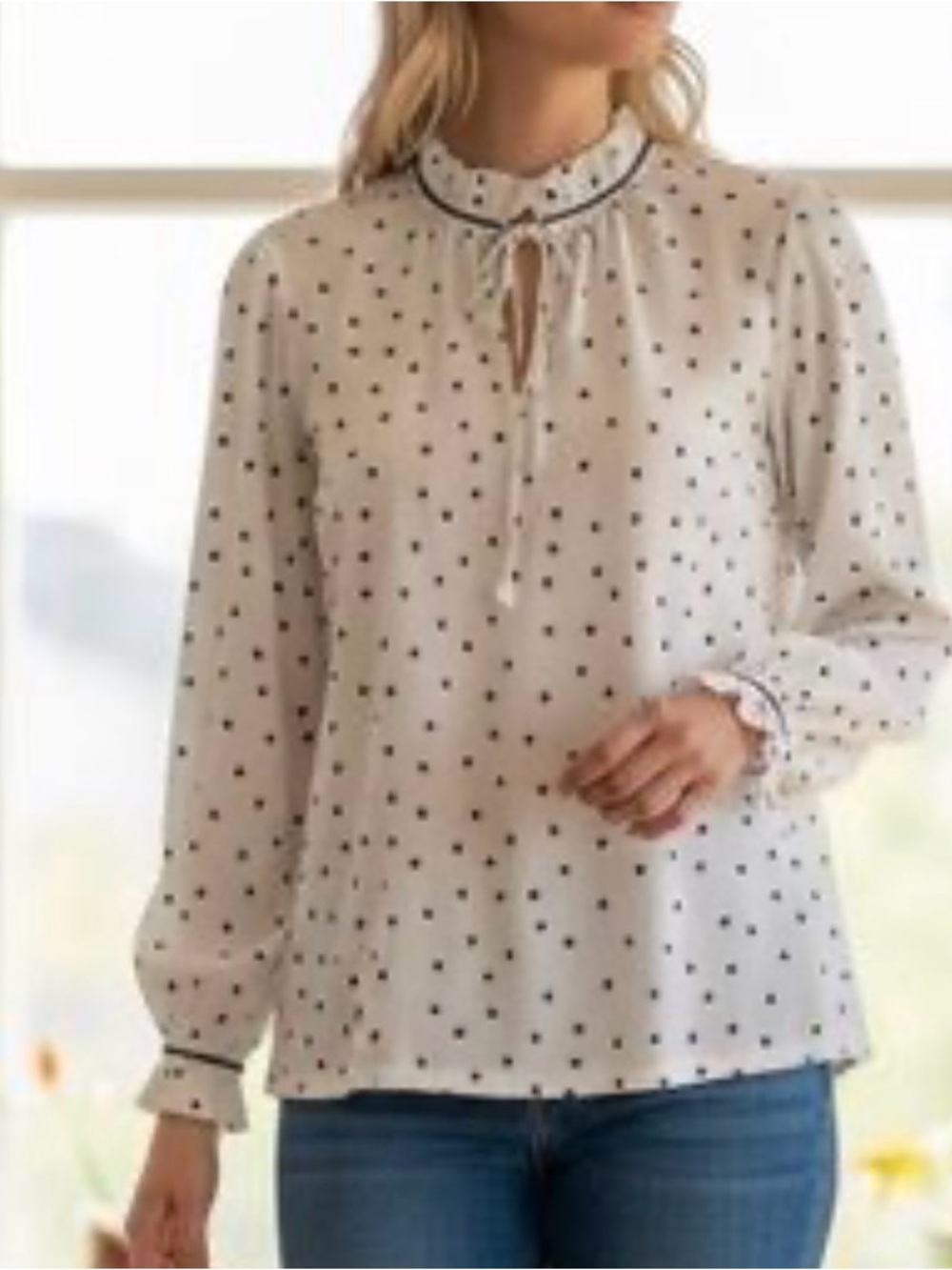 Boden Bronwyn Ruffled White and Navy Polka Dot Blouse – Size 4